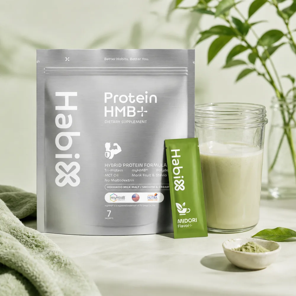 ถุง HabitX Protein HMB+ พร้อมซองรส Midori และแก้วเครื่องดื่มโปรตีน